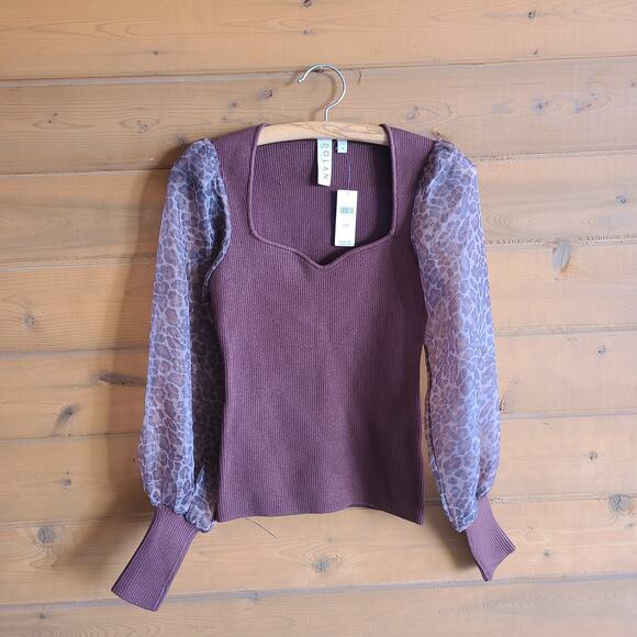 Anthropologie Dolan Puff-Sleeve Sweater Brown Motif Leopard NWT XXS - Picture 2 of 5